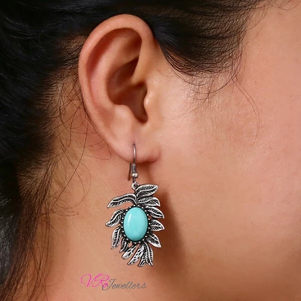 Pendientes colgantes de hoja turquesa para mujer damas Pendientes de acero Reino Unido Foto 2 de 2