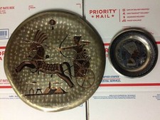Lot of 2 Vintage Egyptian Etched Metal Plates Plaques Hammered Archer Chariot B4