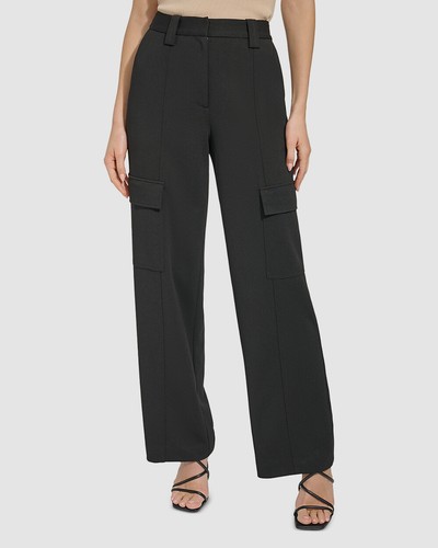 DKNY Women Black Solid Wide-Leg Crepe High Rise Cargo Pocket Pants Size 16 - 第 1/3 張圖片