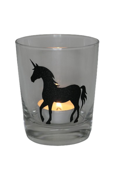 "Deko Teelicht Glas Windlicht Print \"Einhorn\" Schwarz Glitzer Handmad Dekoration"-image