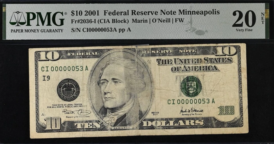 2001 $10 Federal Reserve Note PMG 20 - Birthday - Low Serial Number 00000053 - Image 2 of 3