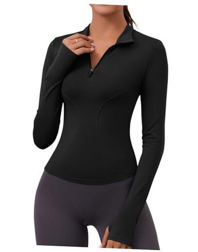 Womens Long Sleeve Workout Tops Quick Dry Quarter Zip Pullover Medium Black