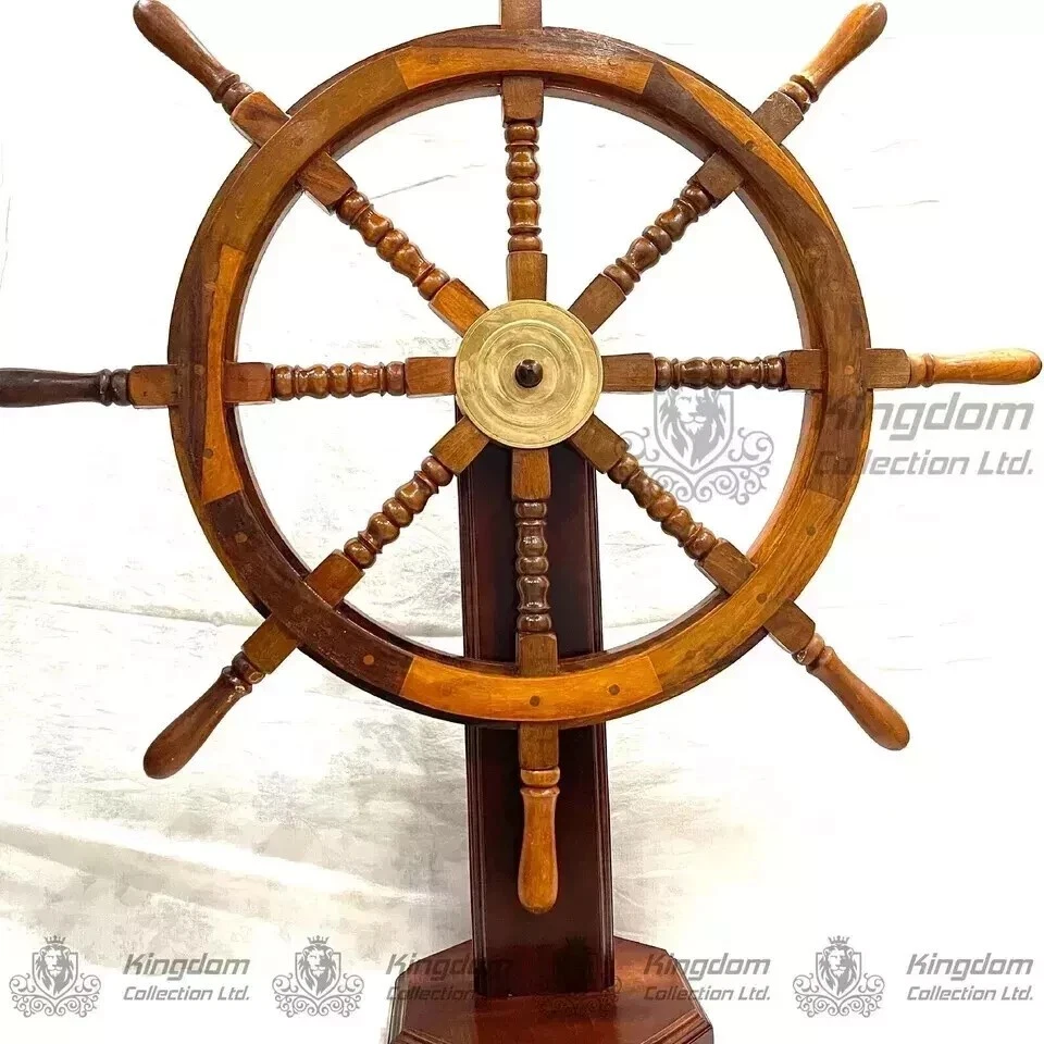 Nautical Antique 36'' Ship Steering Wheel with Pedestal Wooden for Home Gift - Image 2 of 4