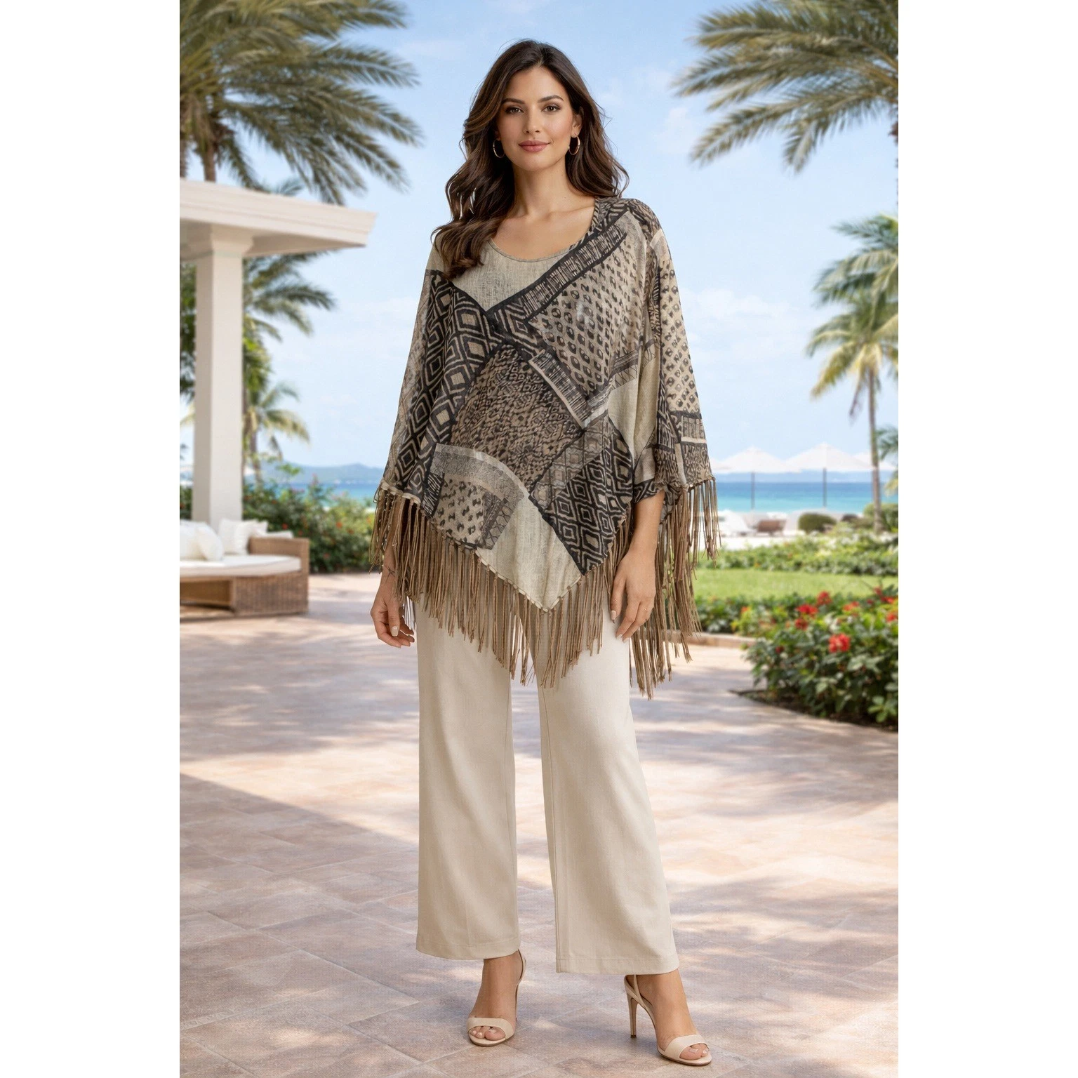 Chico's Poncho Womens OS Brown Linen Geometric Patchwork Fringe Beaded Top NWOT