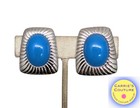 Vintage 1980s Signed Trifari Ribbed Blue Cabochon Rhinestone Clip Earrings