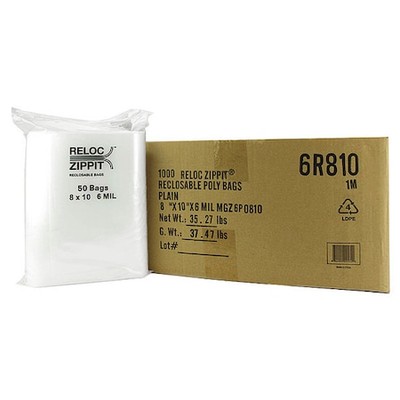 Reloc Zippit 6R810 Reclosable Bag, Zip Seal, 10 In L, 8 In W, 6 Mil Thick,