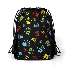 Hand Print Drawstring Backpack Gym Bag With Shoe Compartment String Bag Sport...