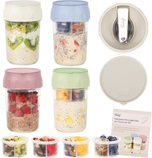 SOLIGT 4 Pack Overnight Oats Containers with Lids, Folding Spoons and Divided Co