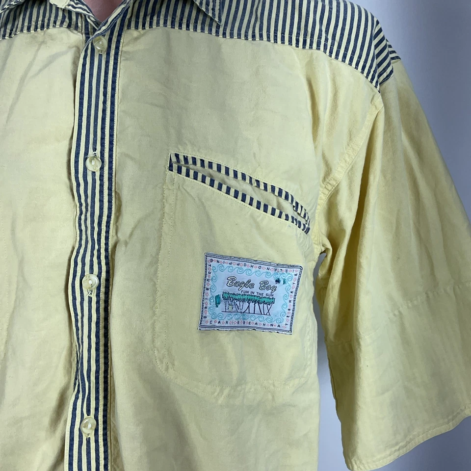 Camisa De Colección Rara Corneta Abotonada Talla Mediana Amarillo Rayas Cuello Diversión en Sol Años 80 Foto 3 de 4