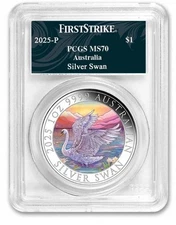 2025 Australia 1 oz Silver Swan Colorized MS70 PCGS First Strike Swan Label OGP