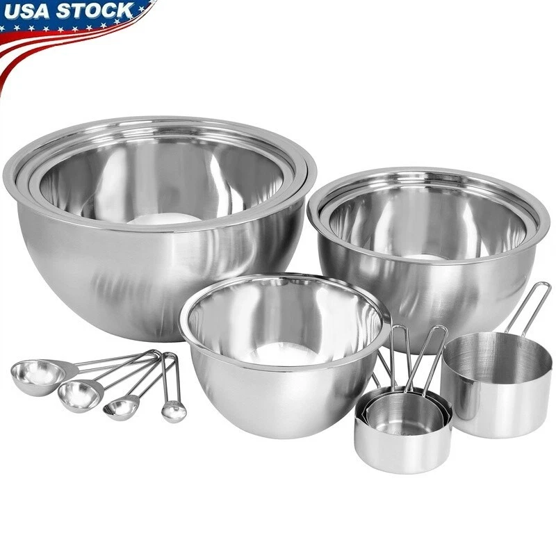 14 Piece Stainless Steel Measuring Cups Spoons Set Mixing Bowls Kitchen Tools US