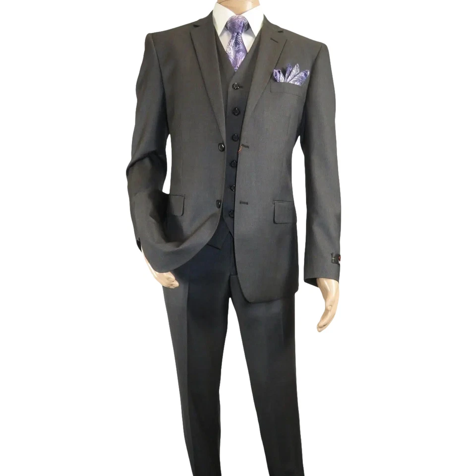 Traje de tres piezas para hombre Vitali chaleco semi brillante piel de tiburón M3090 gris carbón Foto 3 de 4