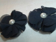 Vintage Pair Black Silk and Pearl Flower High Heel Shoe Clips