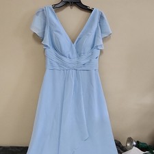 JJ's House Blue Chiffon Polyester Bridesmaid Dress Cap Sleeve V-Neck Floor