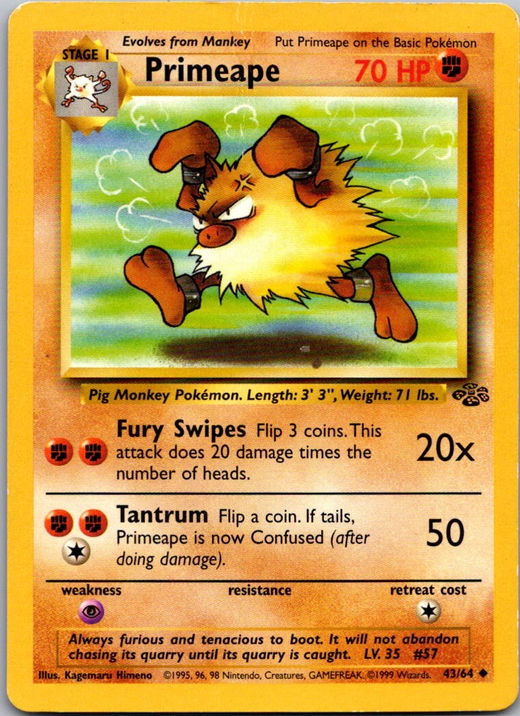 Primeape 43/64 Uncommon Jungle Pokemon Unlimited Heavily Played