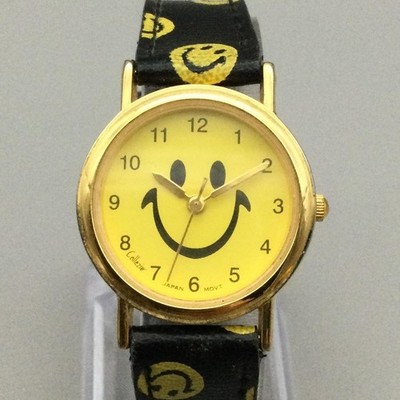 Vtg Collezio Smiley Face Womens Watch 26mm Yellow Dial Black Strap New Battery