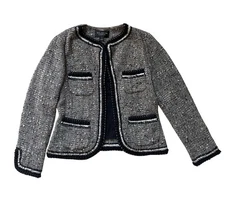 St John Couture 10 Tweed Blazer Wool Blend Jacket Grey Black White Chain Trim