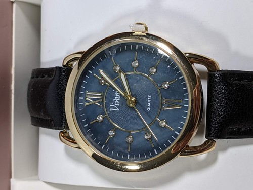 Vivani Black Dial Round Gold Tone Case Black Band Watch - Picture 2 of 5