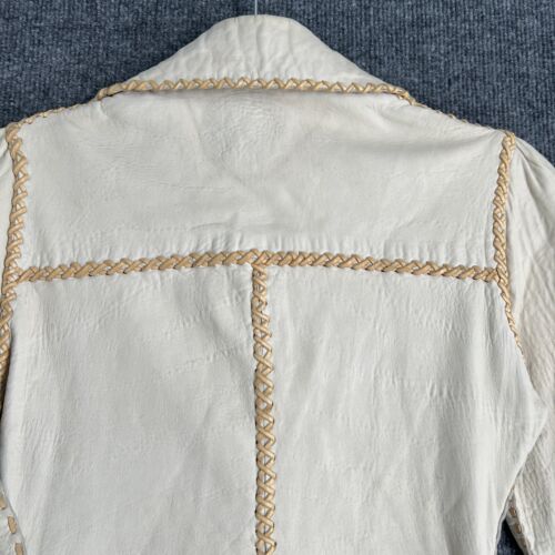 Vintage 70s North Beach Leather Jacket Off White Whipstitch Button Up Hippie - Picture 9 of 17