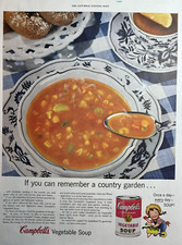 Sopa de verduras Campbells 1955 condensada una vez al día stock de carne de res anuncio impreso vintage