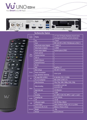 VU+ UNO 4K SE 1X DVB-S2 FBC TWIN TUNER PVR READY LINUX SAT RECEIVER WLAN STICK - Bild 9 von 9