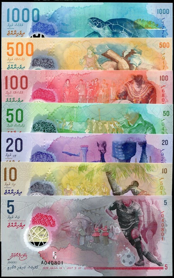 Maldivas Set 7 UNC 5 10 20 50 100 500 1000 Rufiyaa 2015-2024 Polímero P A26-36 Foto 2 de 4