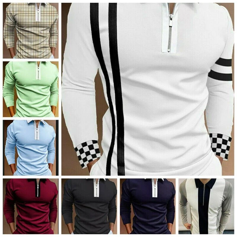 Polo Shirt Men Zipper Collar Fashion Dress Long Sleeve Golf Sport Soft Zip Tee T