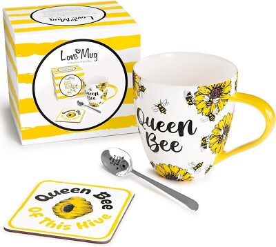 Love Mug  Bee Gift Set Queen Bee Mug Coaster and Engraved Teaspoon, 400ml