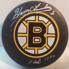 Harry Lumley Boston Bruins HOF 1980 Autograph Signed Logo Puck PSA
