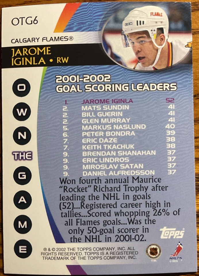 2002-03 Topps Own The Game Jarome Iginla #OTG6 Calgary Flames - Image 2 of 2