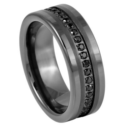 Tungsten Ring Band Prong-set Round Black CZs Eternity Band For Men & Women
