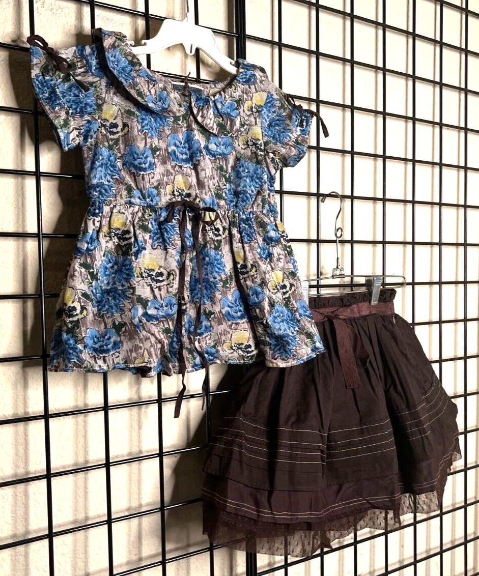 NWT NEW Blue/Green/Brown Floral Blouse w/Brown Skirt Saurette PLUSH 2PC 4/5Y