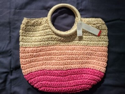 Talbots Hand Crochet Hand Bag Tan Pink Cranberry New with Tags Value $89.50
