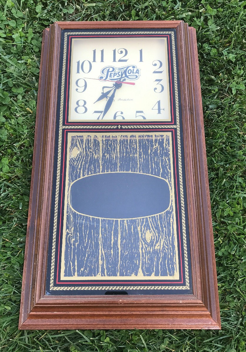 Vintage Pepsi-Cola Pendulum Wall Clock Wood Frame Glass Insert