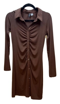 Divided by H&M Brown Button Down Ruched Long Sleeve Stretch Knit Dress Size S