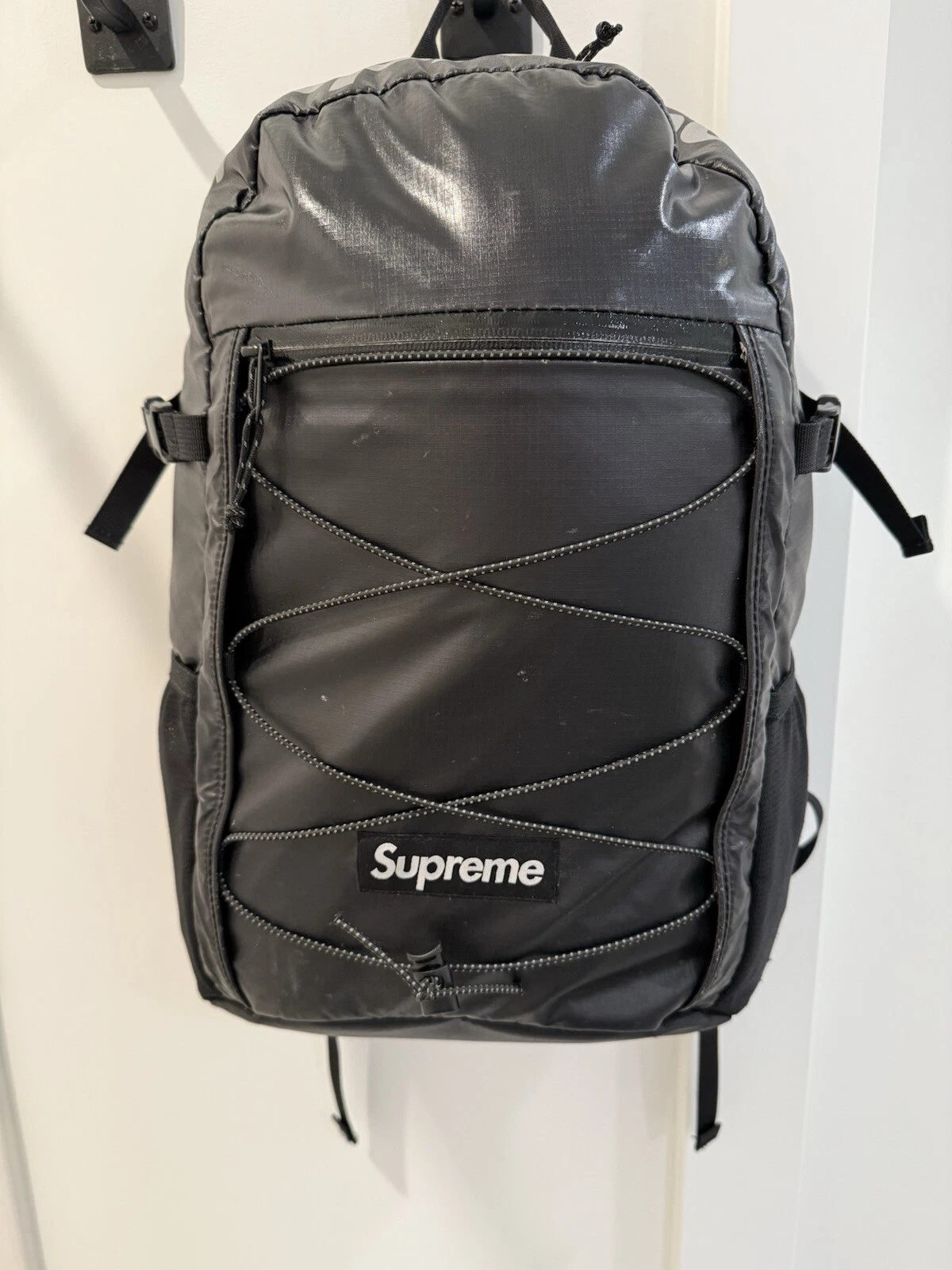 FW17 Supreme Sac à Dos Noir Cordura Tissu Boîte Logo Texte Réfléchissant