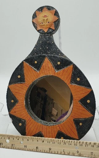 Boho Handmade Hand Mirror Carved / Painted Wooden Suns  - Image 3 of 4