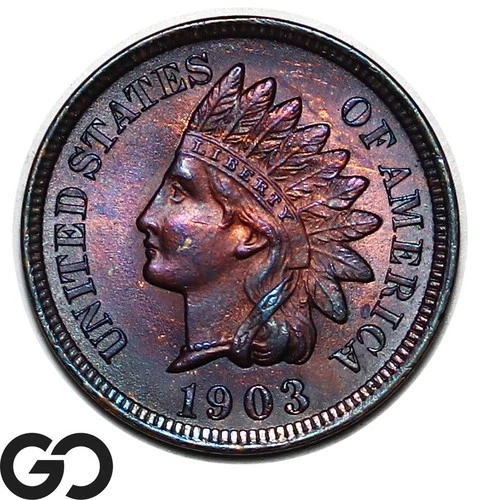 1903 Indian Head Cent Penny, Beautiful Toner, Solid Gem BU++