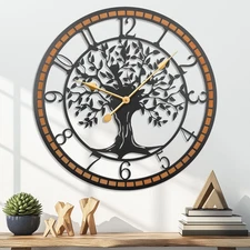 Lg Wall Clock Tree of Life Non-Ticking Battery Operated Decorative Wood Frame 
