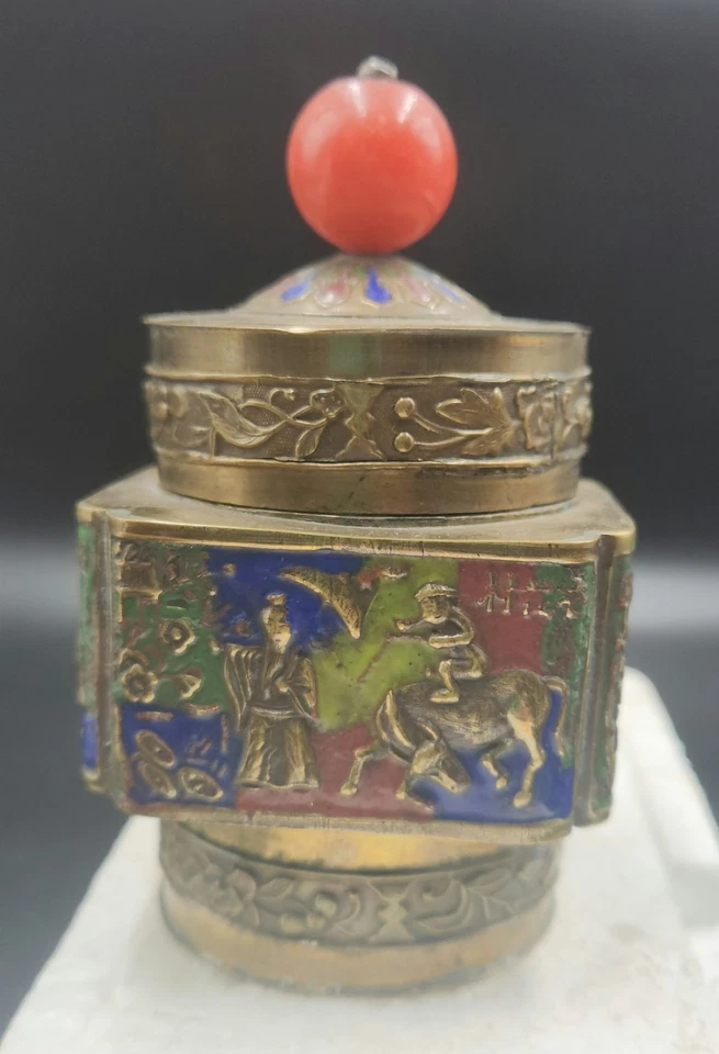 Antique Enameled Brass Chinese Tea or Tobacco Caddy, or Trinket Box  - Image 4 of 4