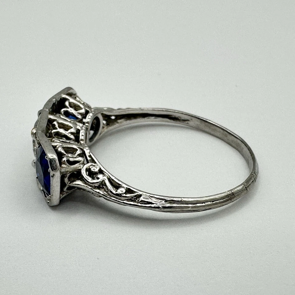 Vintage Art Deco Filigree Platinum 1/2 Carat Diamond and Sapphire Ring Size 7 - Image 3 of 4