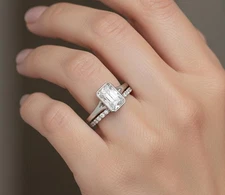 Diamond Ring Set EF VS IGI Certified Radiant Labcreated 18K White Gold Bezel