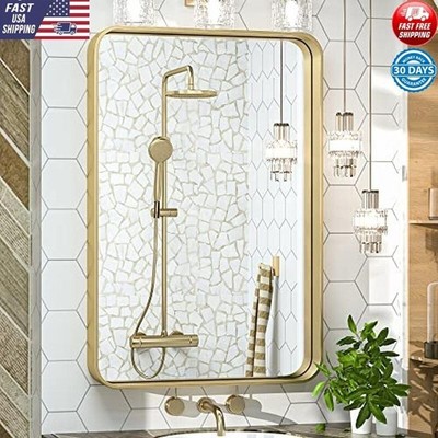 Gold Bathroom Wall Mirror Round Corner Rectangular Metal Frame HD Reflection New