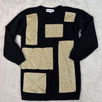 Vintage 80s Richard & Co. Lambswool Angora Black Gold Sweater S Party Beads Geo