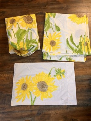 VTG Vera Neumann  Queen Flat Fitted Sheets 1 Pillowcase READ Yellow Flowers