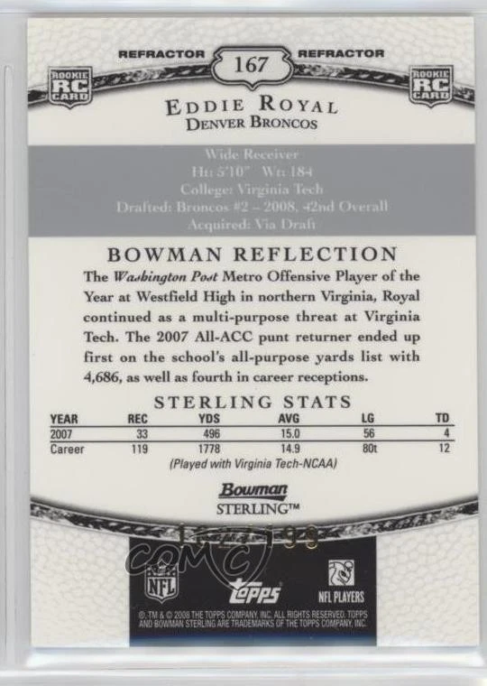 2008 Bowman Sterling Refractor /199 Eddie Royal #167 Rookie RC - Image 2 of 2