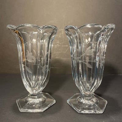 Antique CHIPPENDALE KRYS-TOL Vases Set Of 2 6  Tall Etched Glass Rare 1907-1920s