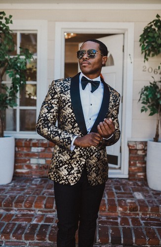 Slim Fit Tuxedo Jacket 1 Button Shawl Lapel Gold Leopard Dinner Blazer AZARMAN - Picture 7 of 8