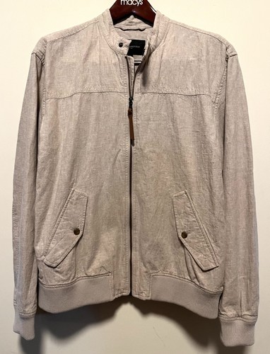 Banana Republic Jacket Men’s Large Tan Linen Bomber Full Zip Chinstrap Snap Prep
