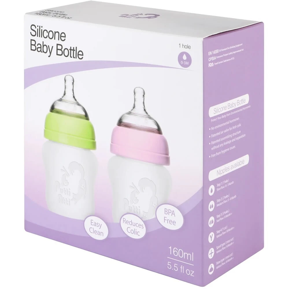Putti Atti 5.5 fl oz Silicone Baby Bottles, Green and Pink